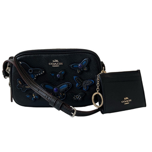 Coach Butterfly Applique Black Blue Butterfly Leather with cards, coins, id case